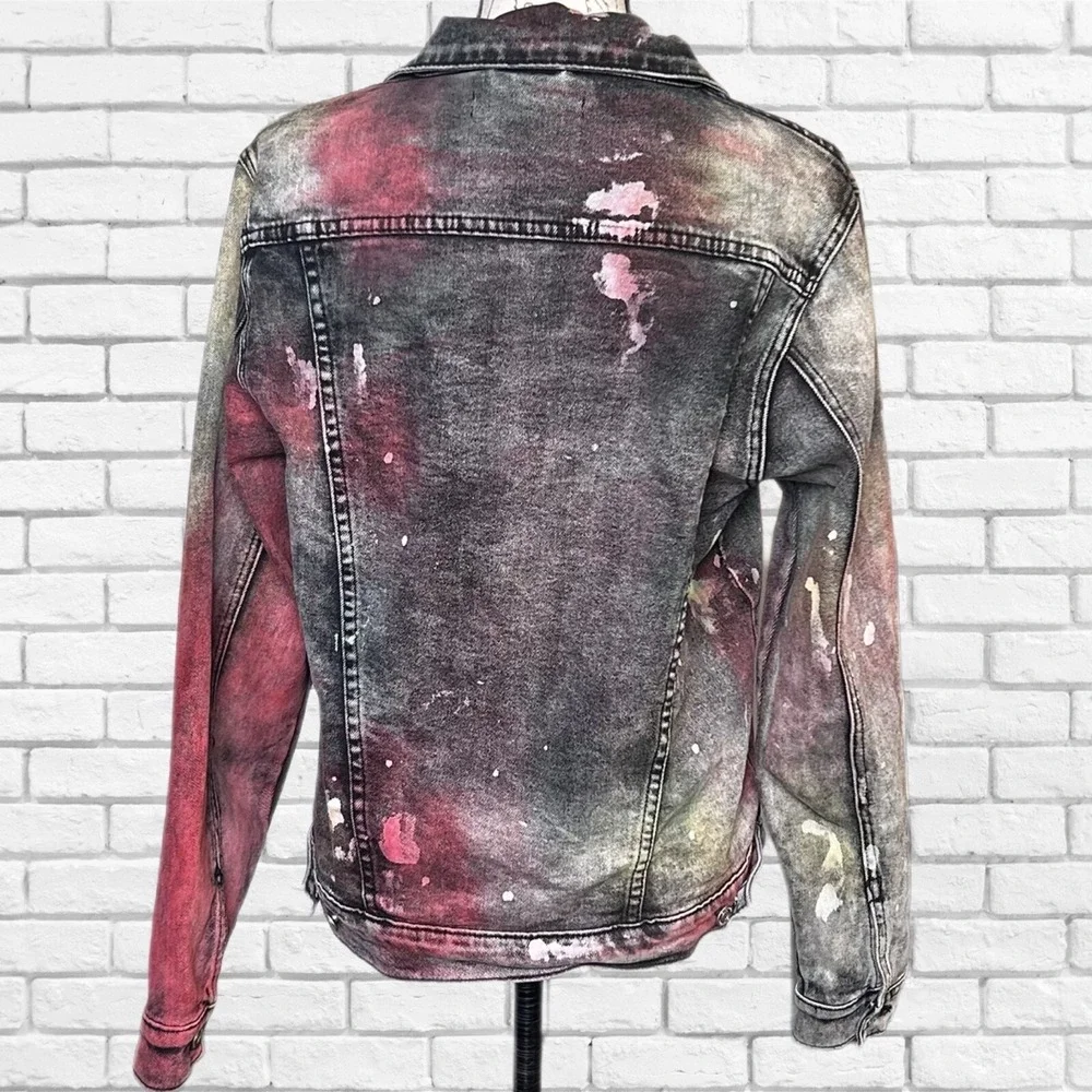 Embellish NYC Mens Multi Color Paint Splatter Denim Trucker Jacket Red‎ Size M